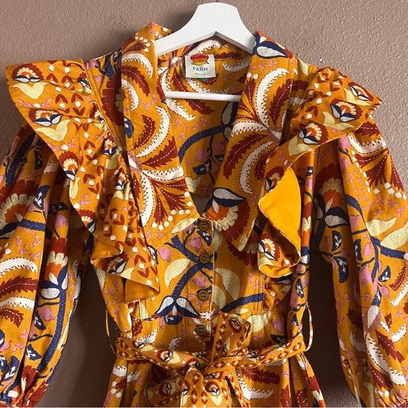 FARM Rio Yellow Palms Midi Ruffled Party Dress with Belt Size Small - Picture 5 of 12